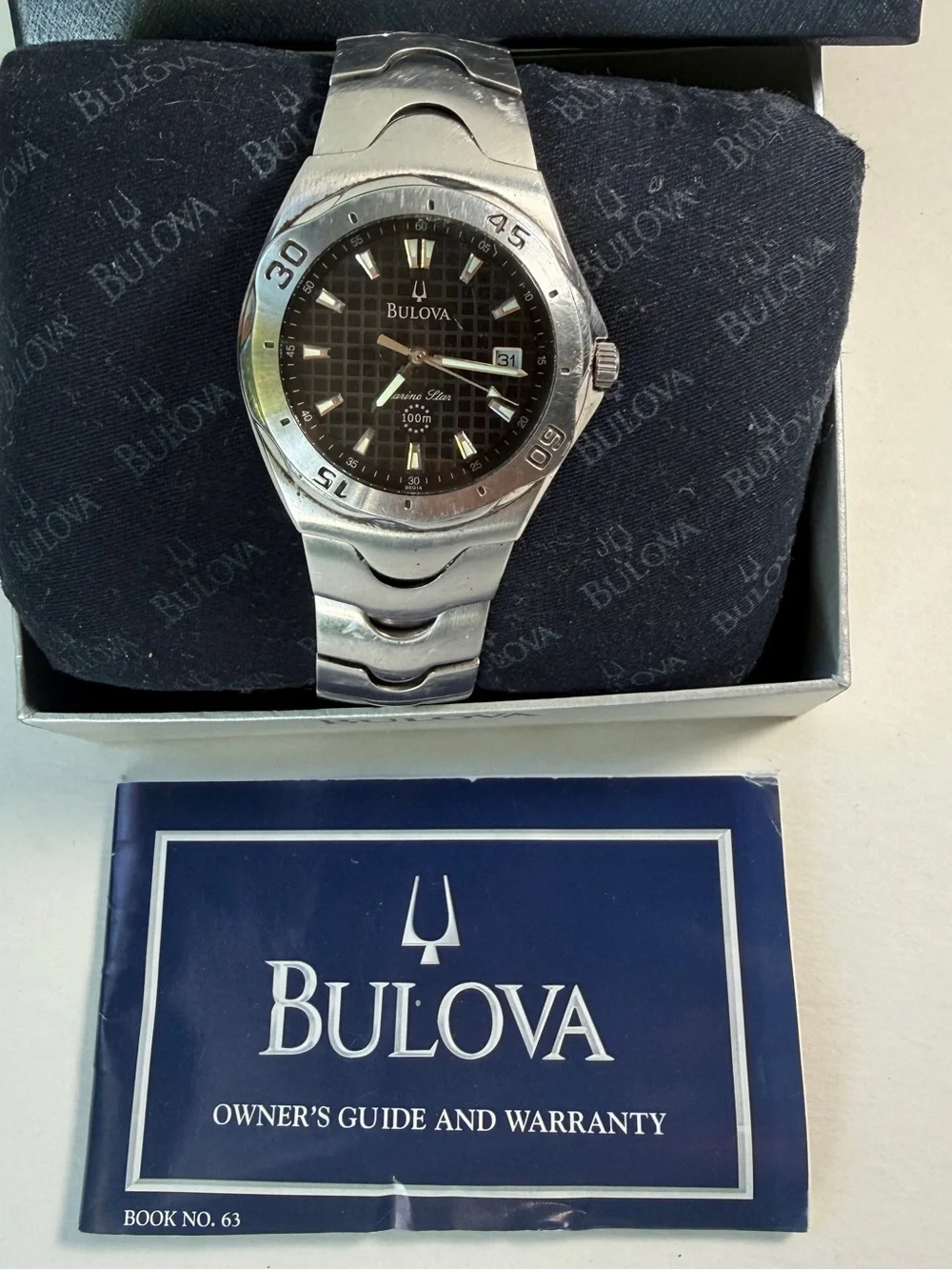 Bulova Marine Star Mens 38mm Blk Dial Silver Tone Date 96G14 New Batt, Full Kit